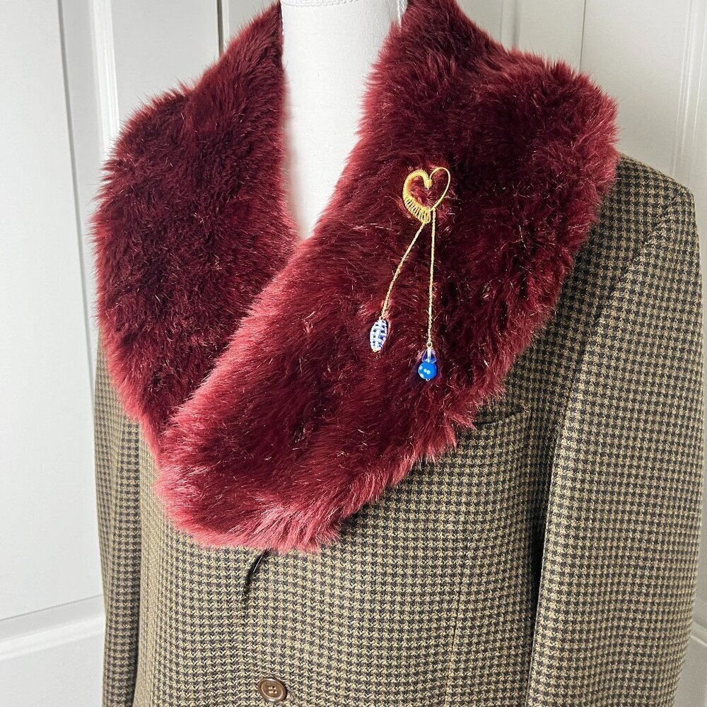 Vtg Houndstooth Detachable Collar Wool Blazer & Handmade Brooch Unisex M Women L